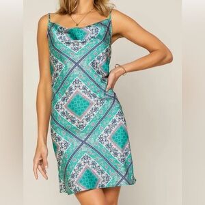 Blue-Green Cami Cowl Neck Satin Paisley Print Mini Dress - Small